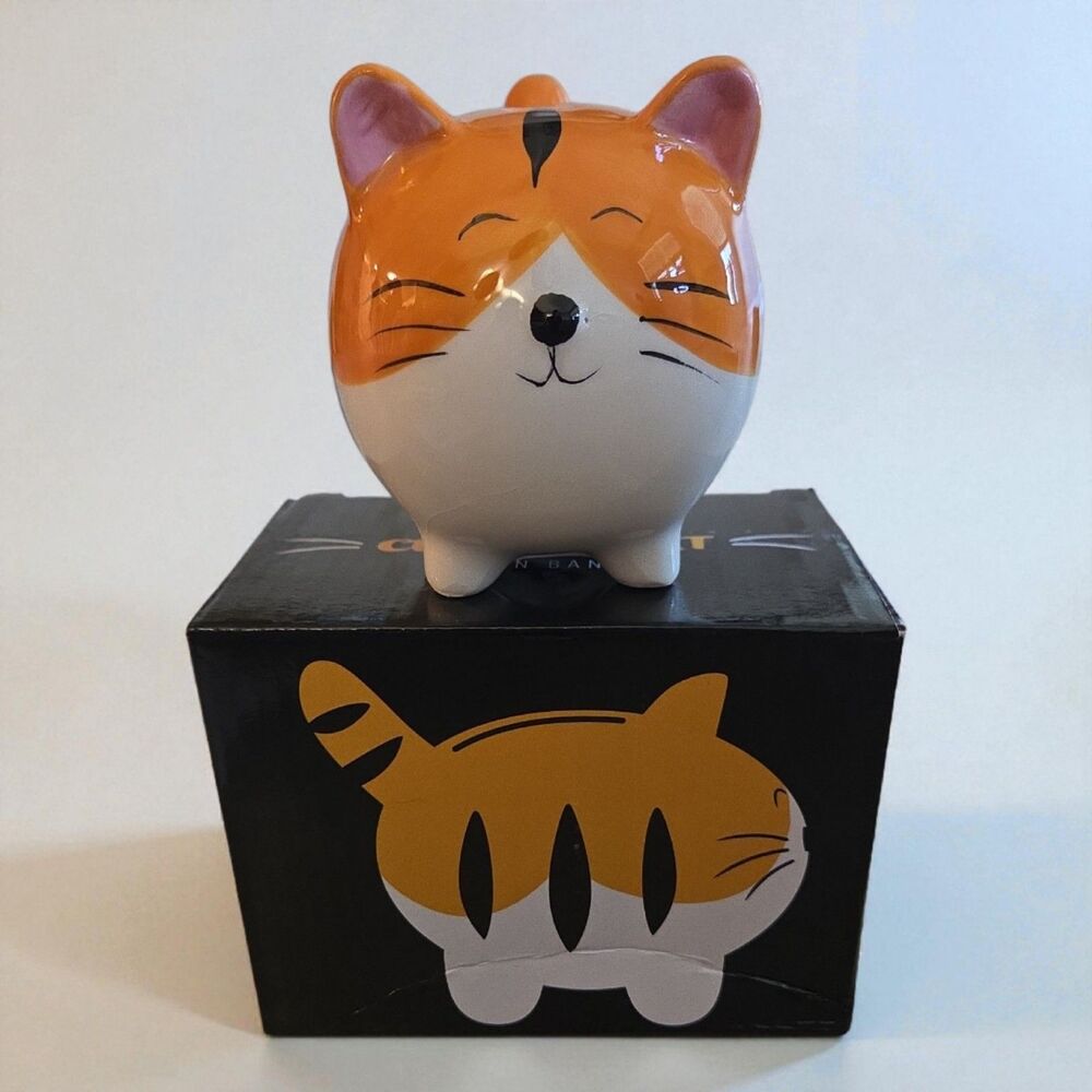 Cat Lady Orange White & Black Fat Tabby Cat Ceramic Coin Bank